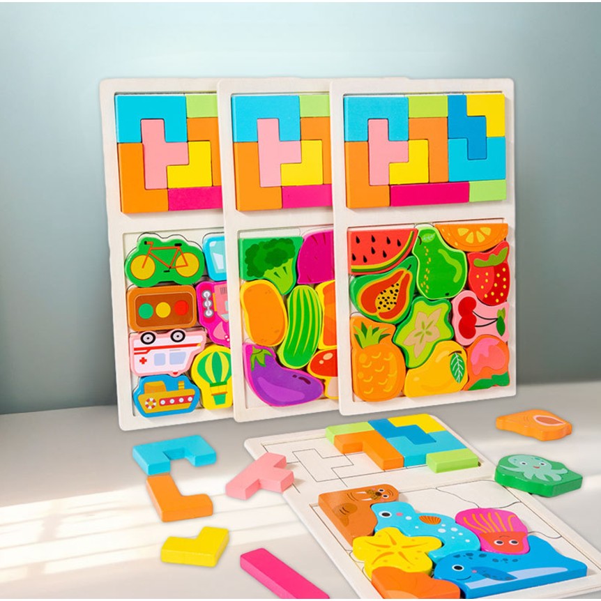 Puzzle Montessori din Lemn pentru Copii, Flippy, Tip Tetris 2in1 +3 Ani, cu Fructe Colorate 3D, Educativ, Intuitiv, Creativ, 21 de Piese, 28.5x17x1.2 cm, Multicolor-4