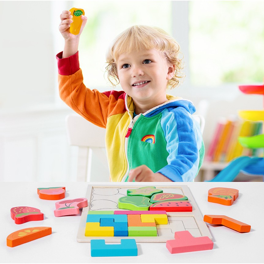 Puzzle Montessori din Lemn pentru Copii, Flippy, Tip Tetris 2in1 +3 Ani, cu Fructe Colorate 3D, Educativ, Intuitiv, Creativ, 21 de Piese, 28.5x17x1.2 cm, Multicolor-5