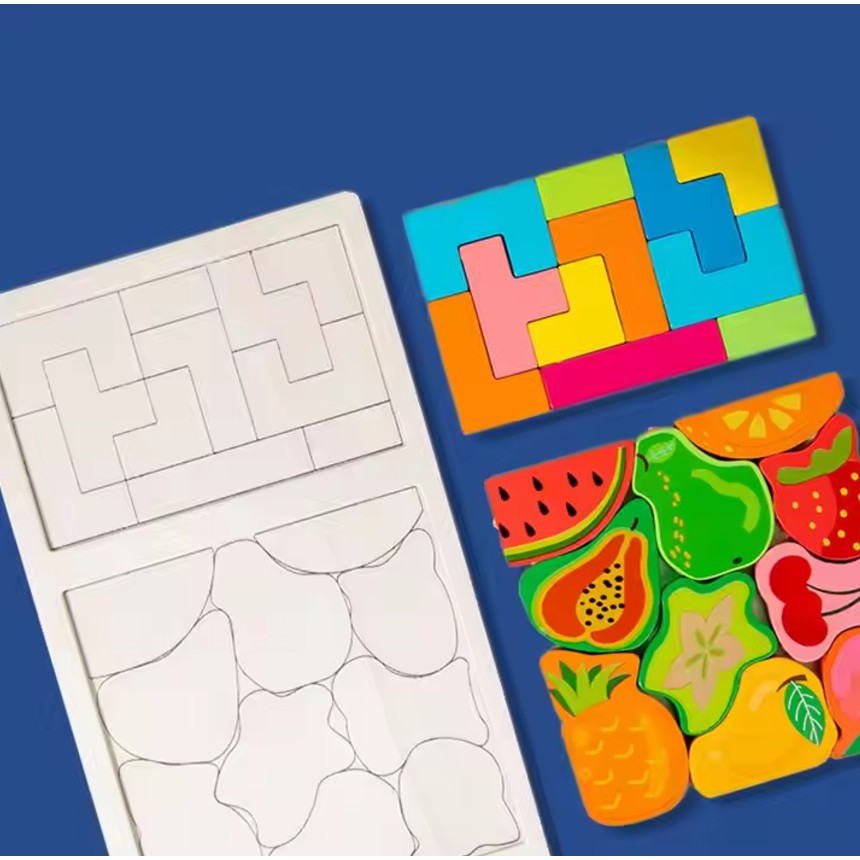 Puzzle Montessori din Lemn pentru Copii, Flippy, Tip Tetris 2in1 +3 Ani, cu Fructe Colorate 3D, Educativ, Intuitiv, Creativ, 21 de Piese, 28.5x17x1.2 cm, Multicolor-6