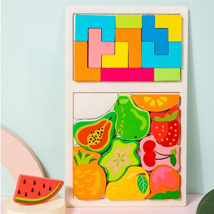 Puzzle Montessori din Lemn pentru Copii, Flippy, Tip Tetris 2in1 +3 Ani, cu Fructe Colorate 3D, Educativ, Intuitiv, Creativ, 21 de Piese, 28.5x17x1.2 cm, Multicolor-7