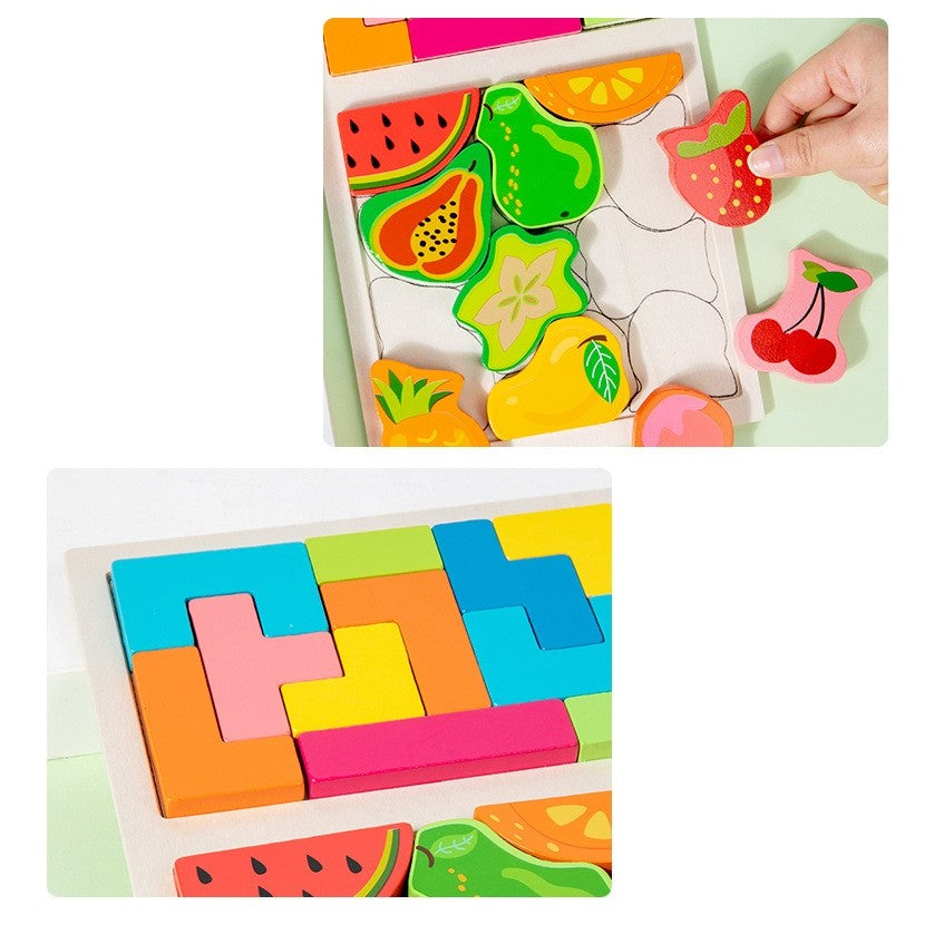 Puzzle Montessori din Lemn pentru Copii, Flippy, Tip Tetris 2in1 +3 Ani, cu Fructe Colorate 3D, Educativ, Intuitiv, Creativ, 21 de Piese, 28.5x17x1.2 cm, Multicolor-8
