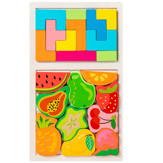 Puzzle Montessori din Lemn pentru Copii, Flippy, Tip Tetris 2in1 +3 Ani, cu Fructe Colorate 3D, Educativ, Intuitiv, Creativ, 21 de Piese, 28.5x17x1.2 cm, Multicolor-0