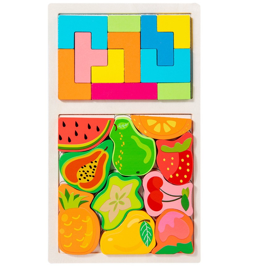 Puzzle Montessori din Lemn pentru Copii, Flippy, Tip Tetris 2in1 +3 Ani, cu Fructe Colorate 3D, Educativ, Intuitiv, Creativ, 21 de Piese, 28.5x17x1.2 cm, Multicolor-0