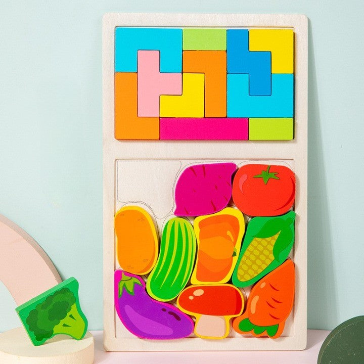 Puzzle Montessori din Lemn pentru Copii, Flippy, Tip Tetris 2in1 +3 Ani, cu Legume Colorate 3D, Educativ, Intuitiv, Creativ, 21 de Piese, 28.5x17x1.2 cm, Multicolor-5