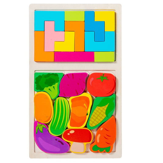 Puzzle Montessori din Lemn pentru Copii, Flippy, Tip Tetris 2in1 +3 Ani, cu Legume Colorate 3D, Educativ, Intuitiv, Creativ, 21 de Piese, 28.5x17x1.2 cm, Multicolor-0