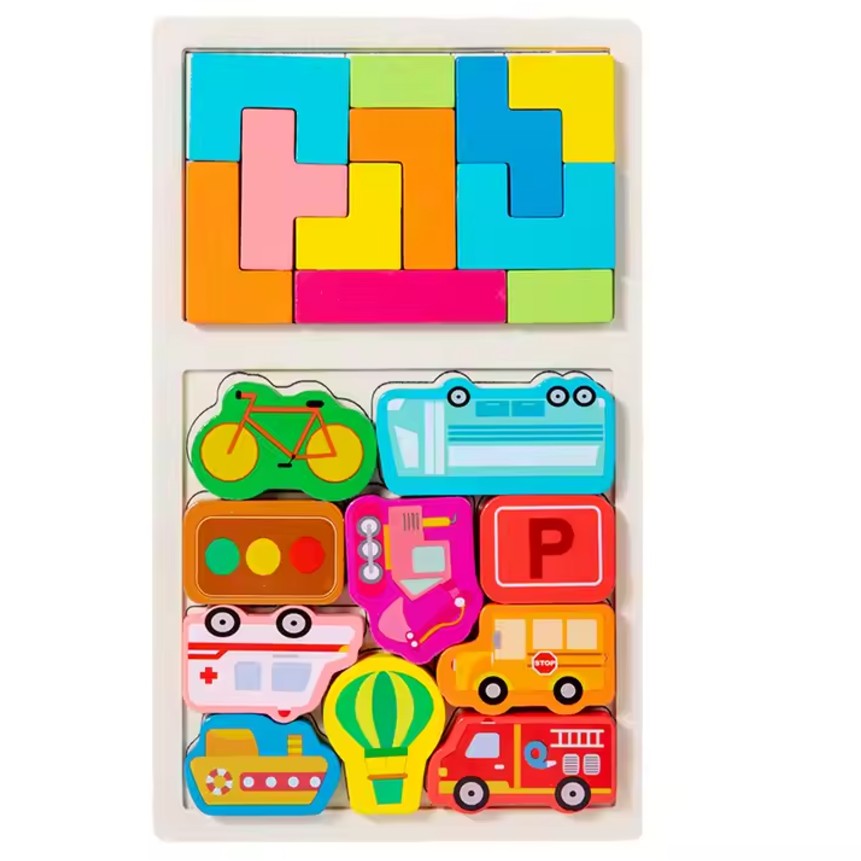 Puzzle Montessori din Lemn pentru Copii, Flippy, Tip Tetris 2in1, +3 Ani, cu Masini Colorate 3D, Educativ, Intuitiv, Creativ, 21 de Piese, 28.5x17x1.2 cm, Multicolor-0
