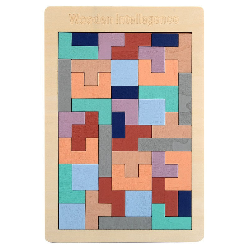 Puzzle Montessori, Flippy, din Lemn, Tip Tetris, +36 Luni, Forme Neregulate, 40 Piese, 26.5 x 17.7 cm, Multicolor Pastelat-1