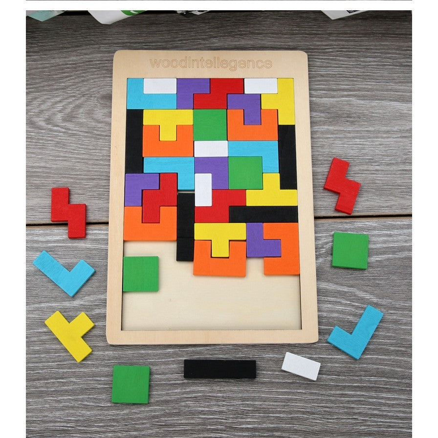 Puzzle Montessori, Flippy, din Lemn, Tip Tetris, +36 Luni, Forme Neregulate, 40 Piese, 26.5 x 17.7 cm, Multicolor-0