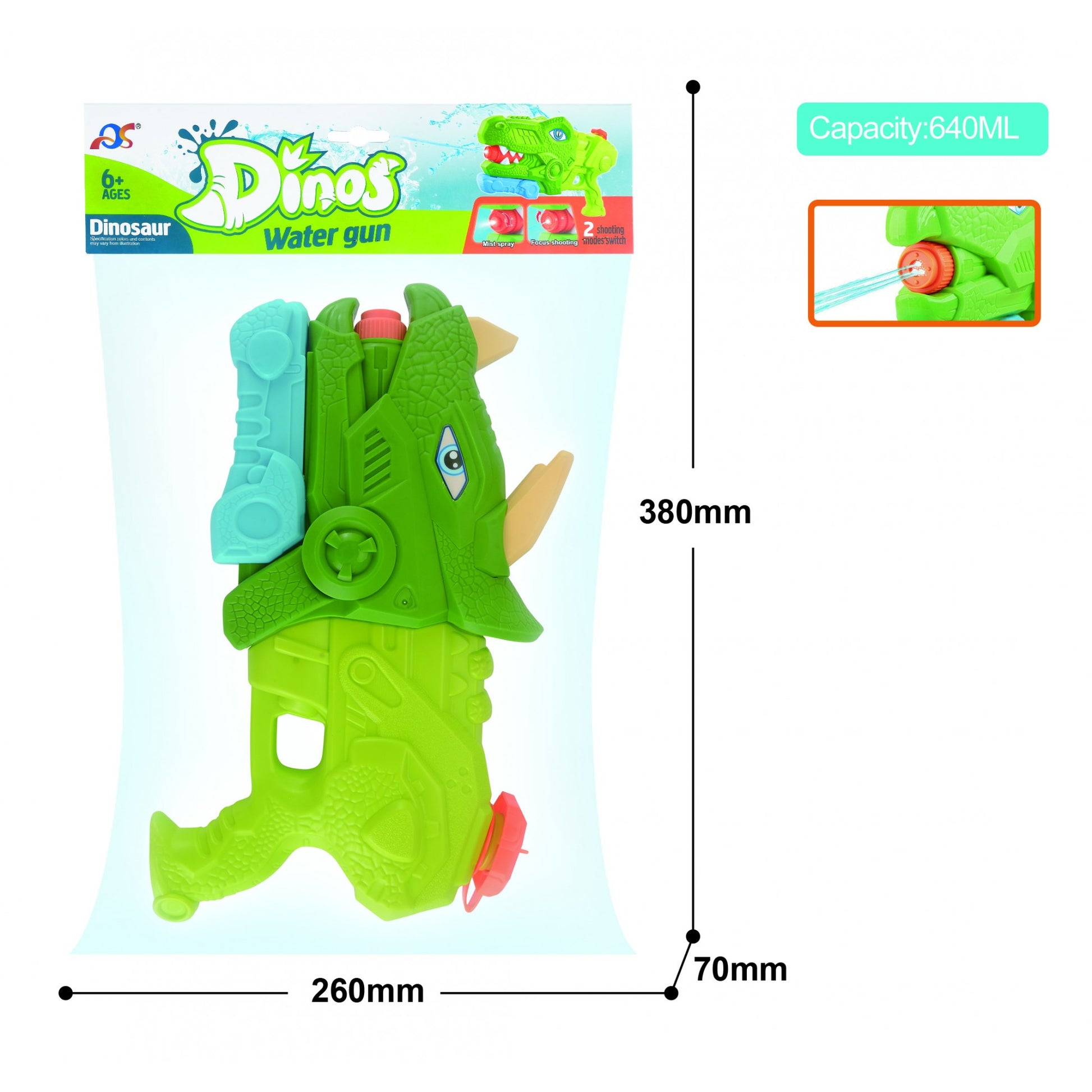 Pistol cu Apa pentru Copii, Rezervor, Pentru Piscina/Plaja, Flippy, 6ani+, Triceratops, 3 duze, Verde, 640ML-1