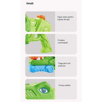 Pistol cu Apa pentru Copii, Rezervor, Pentru Piscina/Plaja, Flippy, 6ani+, Triceratops, 3 duze, Verde, 1330ML-2