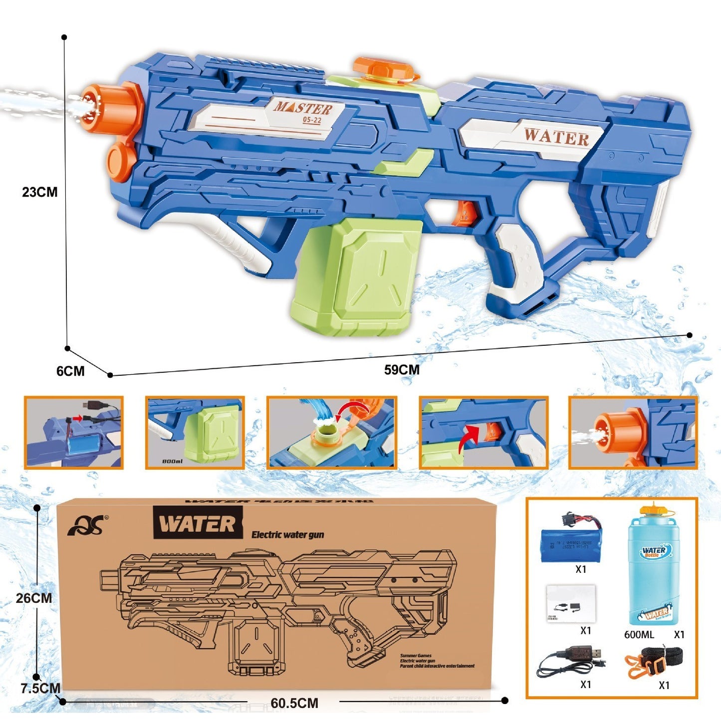 Pistol cu Apa pentru Copii, Rezervor 600ml, Flippy, 14ani+, cu baterie 1500mAh, Electric Burst, Albastru/Verde, 800ML-8