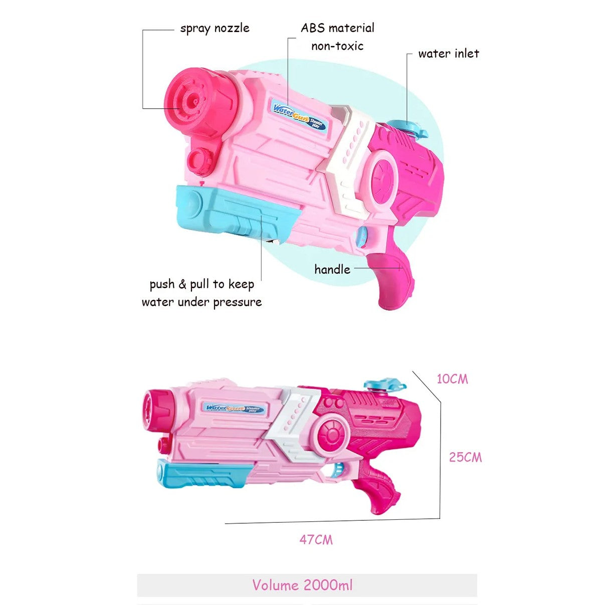 Pistol cu Apa pentru Copii, Rezervor, Pentru Piscina/Plaja, Flippy, 6ani+, Roz, 2000ML-2