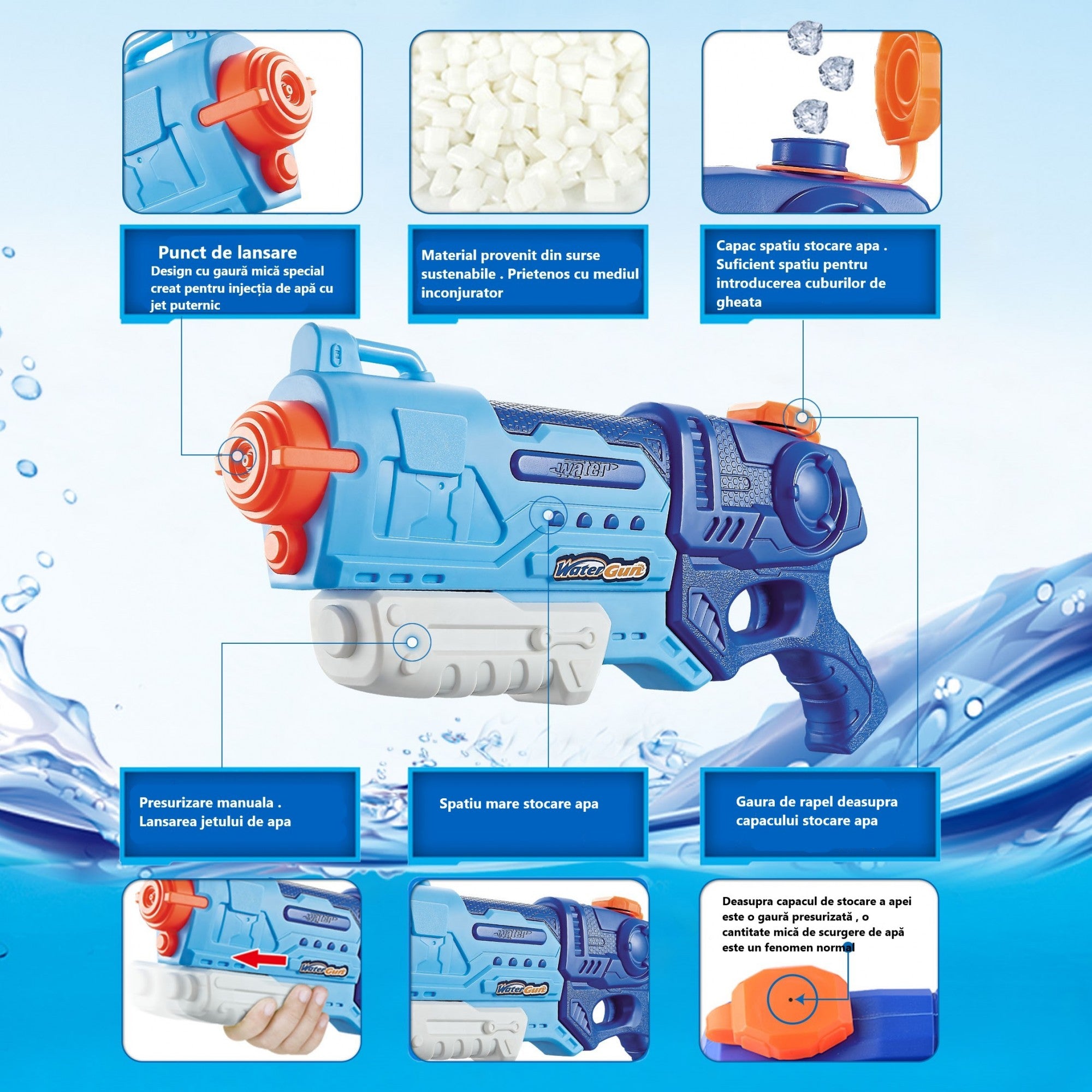 Pistol cu Apa pentru Copii, Rezervor, Pentru Piscina/Plaja, Flippy, 6ani+, Albastru, 900ML-6