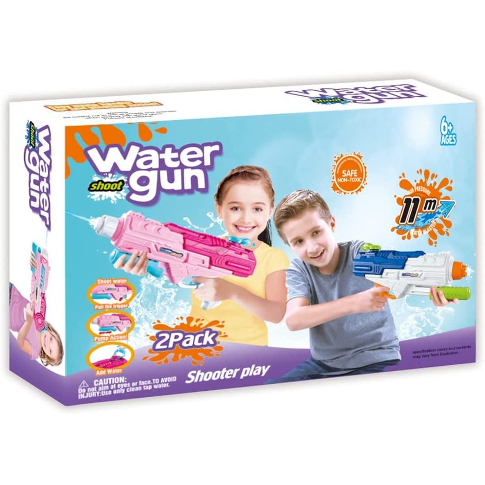 Set 2x Pistol cu Apa pentru Copii, Rezervor, Pentru Piscina/Plaja, Flippy, 6ani+, Roz + Albastru, 1200 ML-1