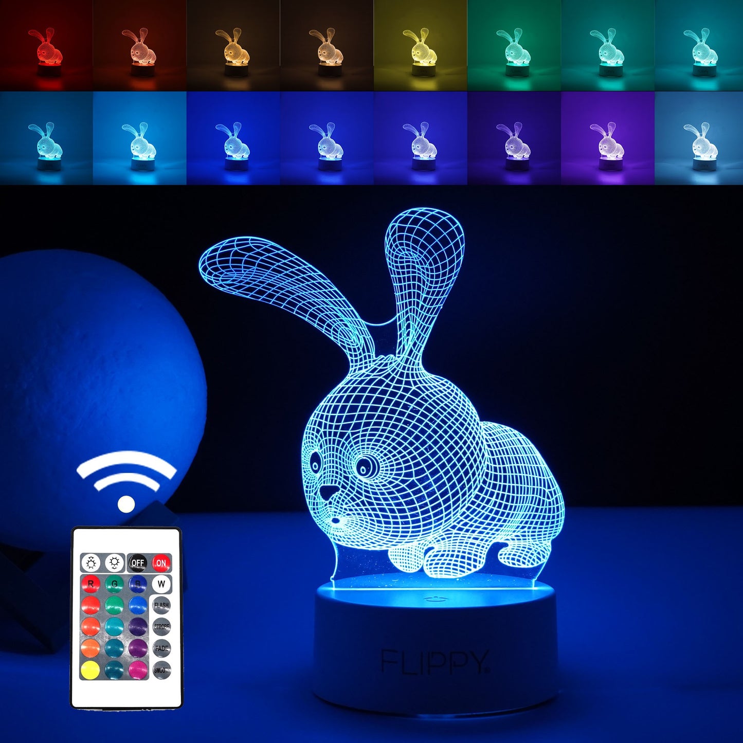 Lampa LED decorativa, Flippy, 3D, Iepure, cu USB si baterii, 20 cm inaltime, din material acril, lumina multicolora si telecomanda inclusa, alb-0