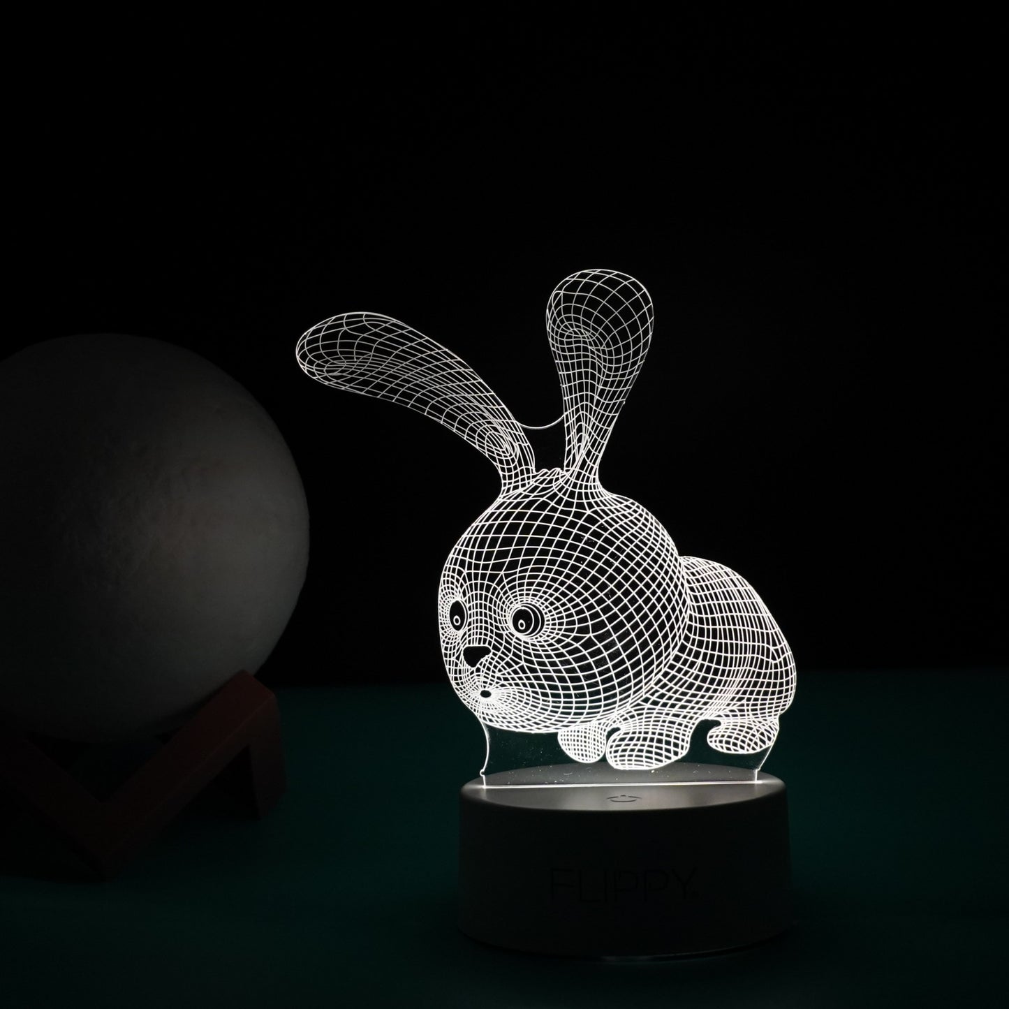 Lampa LED decorativa, Flippy, 3D, Iepure, cu USB si baterii, 20 cm inaltime, din material acril, lumina multicolora si telecomanda inclusa, alb-3
