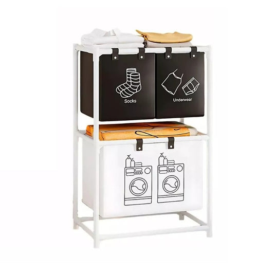Dulap de Depozitare cu doua straturi, Flippy, Cos pentru Haine Murdare, 97x28x57 cm, Alb