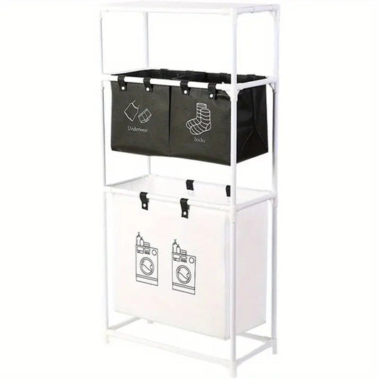 Dulap de Depozitare cu trei straturi, Flippy, Cos pentru Haine Murdare, 123x28x57 cm, Alb