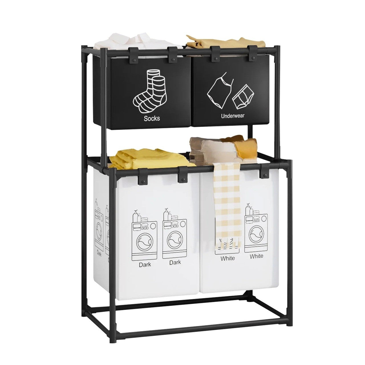 Dulap de Depozitare cu doua straturi, Flippy, Cos pentru Haine Murdare, 97x44x57 cm, Negru