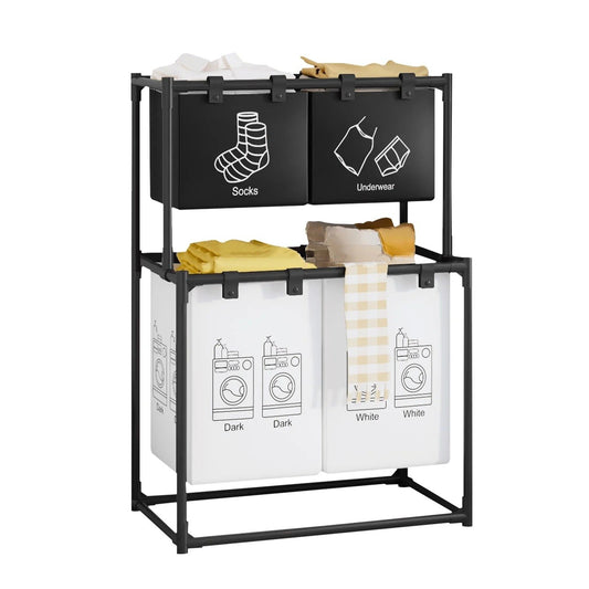 Dulap de Depozitare cu doua straturi, Flippy, Cos pentru Haine Murdare, 97x44x57 cm, Negru