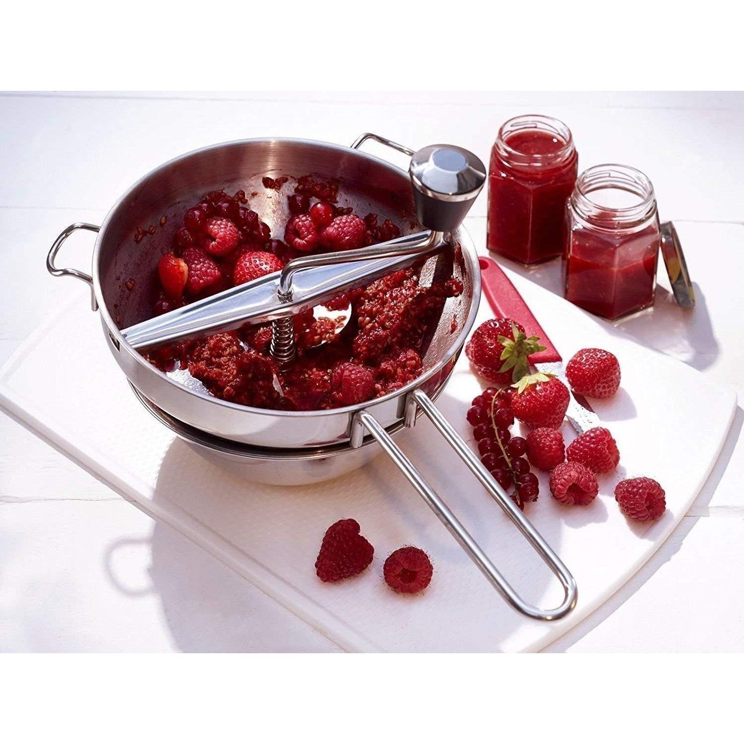 Rasnita Manuala pentru Fructe, Flippy, din Otel Inoxidabil, Macinare Alimentelor pentru Bebelusi, 3 Discuri de Macinat, Presa, pentru Tocat Cartofi, 19x20x33 cm, Argintiu-3