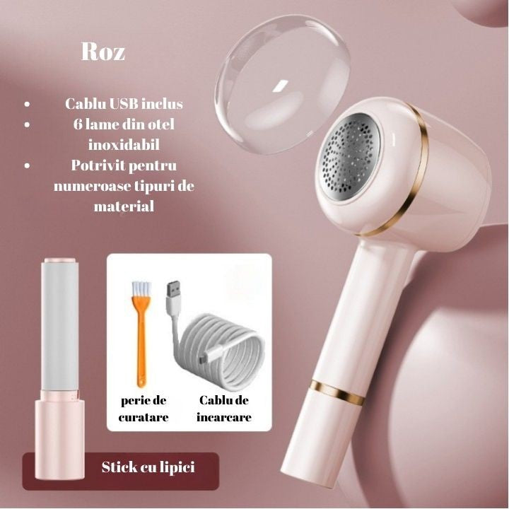Aparat Pentru Curatat Scame, Par Si Praf, Flippy, Pentru Diferite Tipuri De Material, Cu Lame Din Otel Inoxidabil, Incarcare Prin USB Type-C, Cu Perie De Curatare, Cablu USB Si Stick Cu Lipici Incluse, Roz, 220 x 86 mm-3