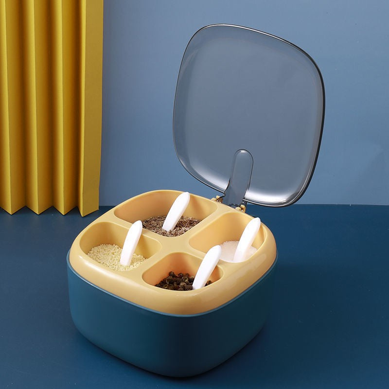 Recipient pentru condimente Flippy, 4 casute, potrivit pentru sare, cimbru, piper, condimente, 4 lingurite din plastic, capac din plastic, maner, 14x14x8 cm, albastru-1