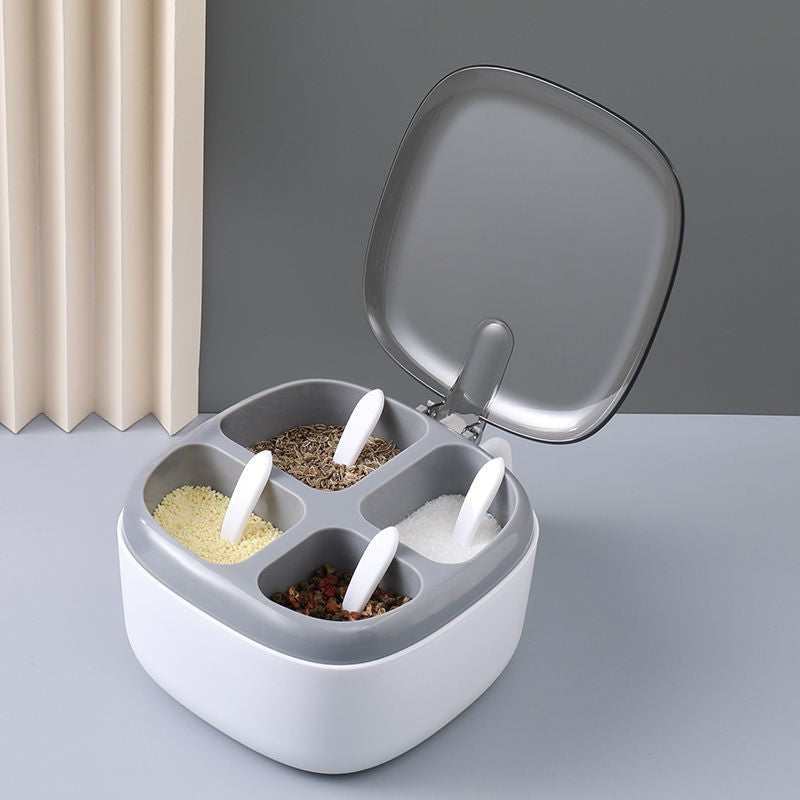Recipient pentru condimente Flippy, 4 casute, potrivit pentru sare, cimbru, piper, condimente, 4 lingurite din plastic, capac din plastic, maner, 14x14x8 cm, alb-1