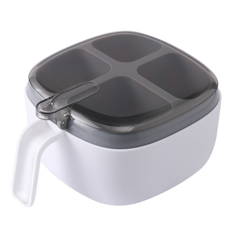 Recipient pentru condimente Flippy, 4 casute, potrivit pentru sare, cimbru, piper, condimente, 4 lingurite din plastic, capac din plastic, maner, 14x14x8 cm, alb-2