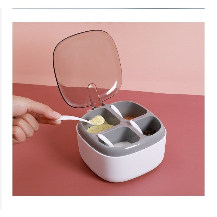 Recipient pentru condimente Flippy, 4 casute, potrivit pentru sare, cimbru, piper, condimente, 4 lingurite din plastic, capac din plastic, maner, 14x14x8 cm, alb-3
