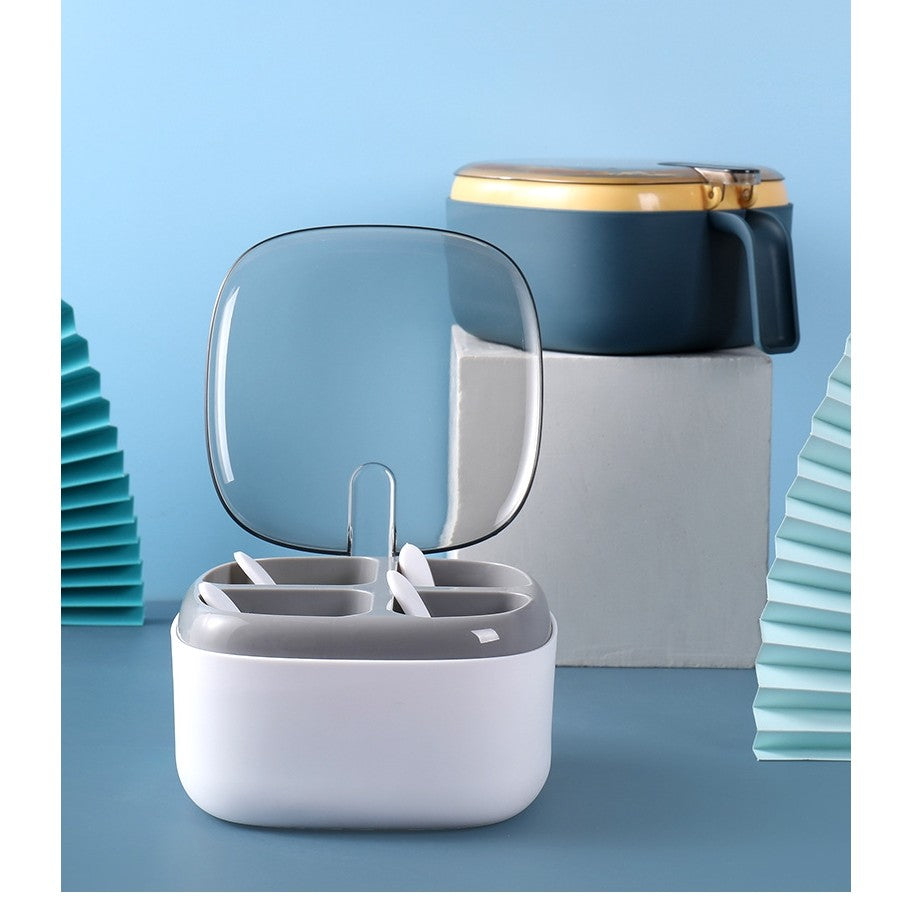 Recipient pentru condimente Flippy, 4 casute, potrivit pentru sare, cimbru, piper, condimente, 4 lingurite din plastic, capac din plastic, maner, 14x14x8 cm, alb-4