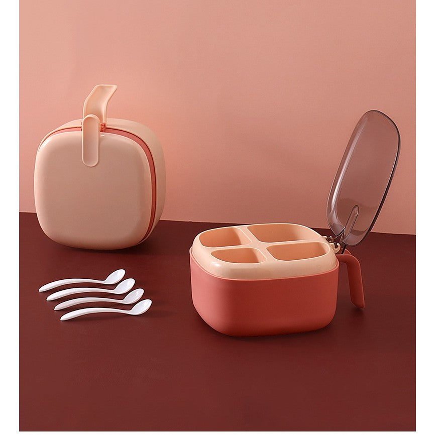 Recipient pentru condimente Flippy, 4 casute, potrivit pentru sare, cimbru, piper, condimente, 4 lingurite din plastic, capac din plastic, maner, 14x14x8 cm, roz-4