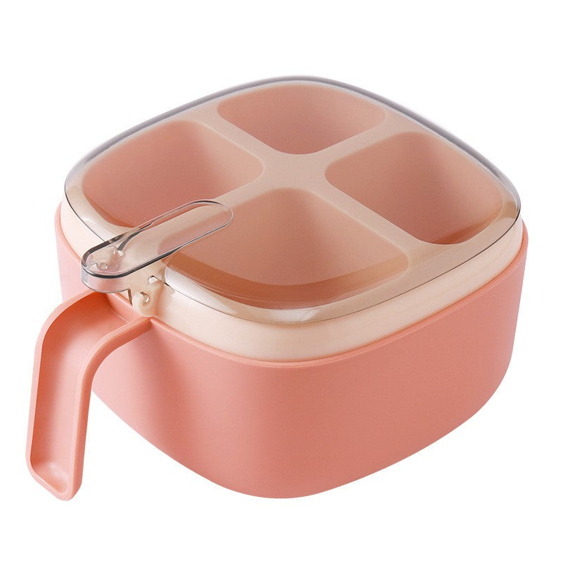 Recipient pentru condimente Flippy, 4 casute, potrivit pentru sare, cimbru, piper, condimente, 4 lingurite din plastic, capac din plastic, maner, 14x14x8 cm, roz-0
