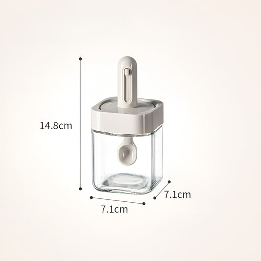 Recipient pentru Depozitarea Condimentelor, Flippy, Borcan din Sticla, Capac si Lingura Incorporate, Uz Casnic, 300 ml, 7.1x7.1x14.8 cm, Gri-1