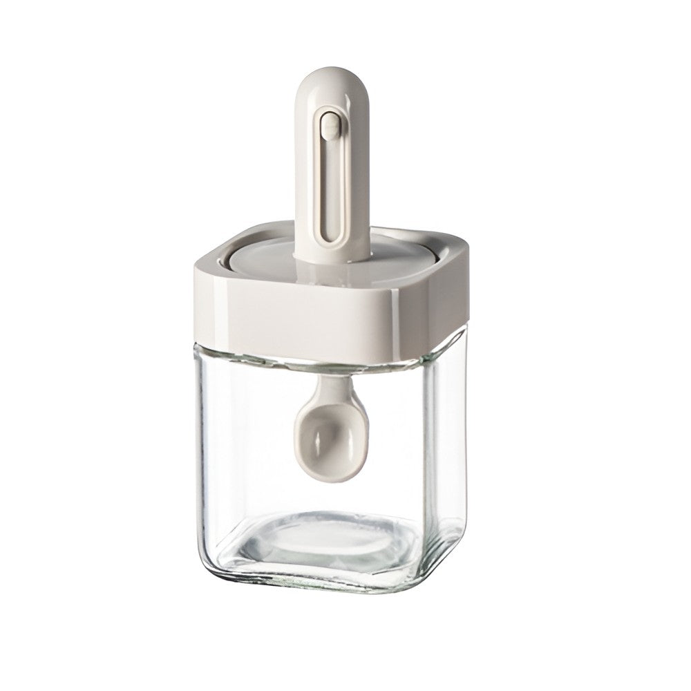 Recipient pentru Depozitarea Condimentelor, Flippy, Borcan din Sticla, Capac si Lingura Incorporate, Uz Casnic, 300 ml, 7.1x7.1x14.8 cm, Gri-0