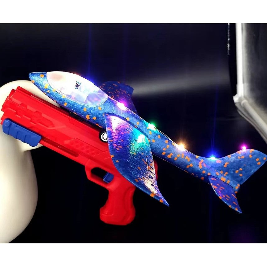 Pistol cu Lansator de Avion, Flippy, Pistol Rosu, Avion Albastru cu Lumini, cu Roti, 38 cm-0