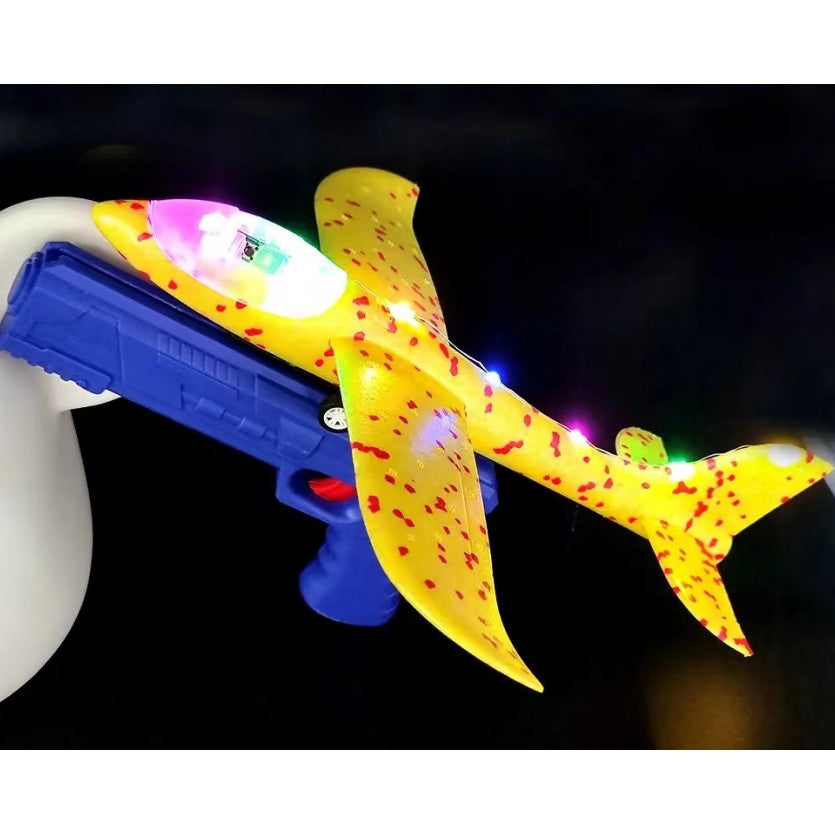 Pistol cu Lansator de Avion, Flippy, Pistol Albastru, Avion Galben cu Lumini, cu Roti, 38 cm-0