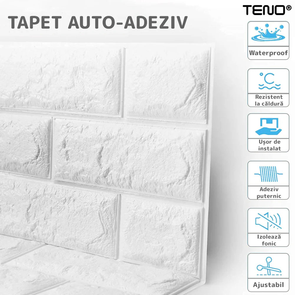 Tapet Caramida 3D autoadeziv, waterproof, 70x77 cm, alb