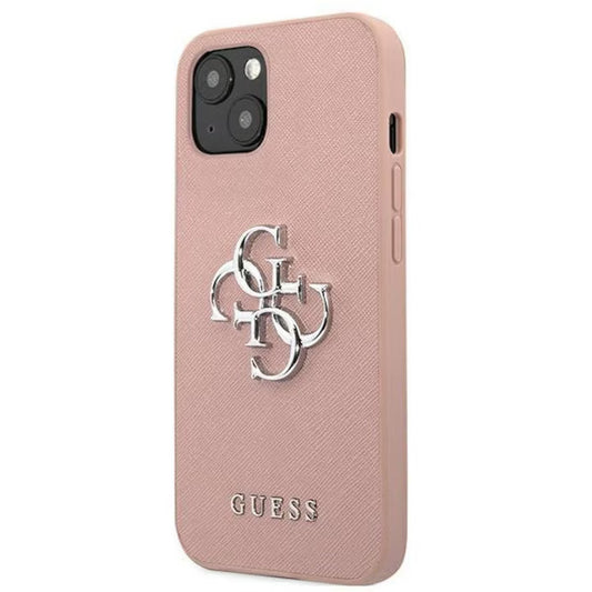 Husa pentru iPhone 13 Mini, Guess, GUHCP13SSA4GSPI, Saffiano 4G Metal Logo Collection, Roz