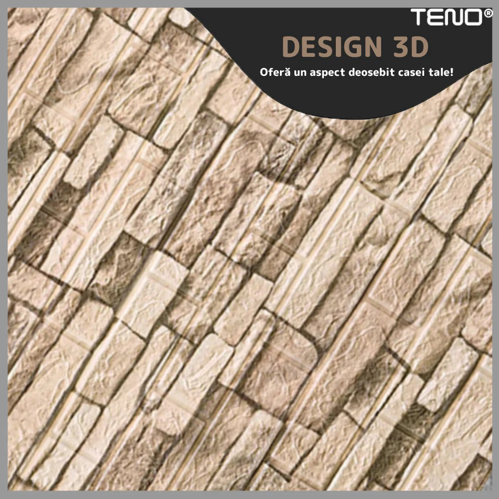 Tapet Caramida 3D autoadeziv, waterproof, model Piatra Naturala, 70x77 cm, crem