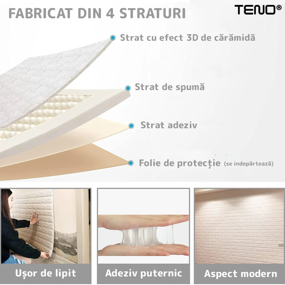 Tapet Caramida 3D autoadeziv, waterproof, 70x77 cm, alb