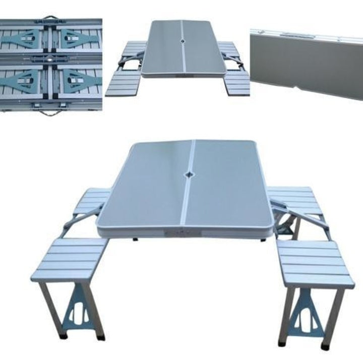 Masă Camping cu 4 Scaune, Aluminiu + Metal, Pliabilă, Tip Valiză, 85 x 75 x 67 cm