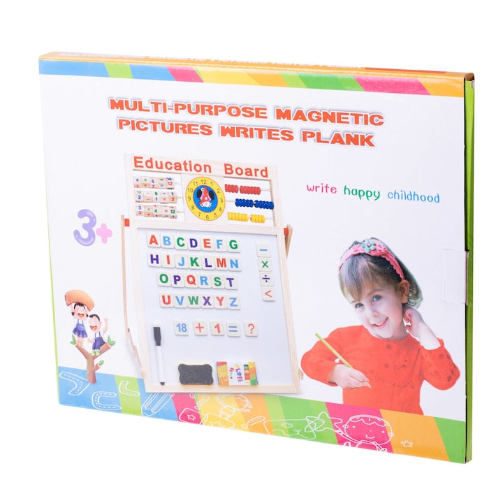 Tabla educationala 5 in 1 cu creta + Abacus + magneti, Lemn, 42 x 32,5 cm, 3 ani+