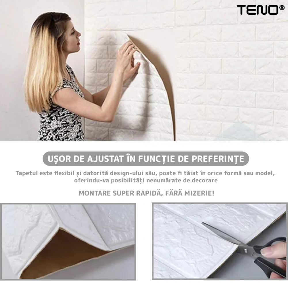 Tapet Caramida 3D autoadeziv, waterproof, 70x77 cm, alb