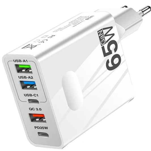 Incarcator Retea, 5 Porturi, 65W Fast Charge, 3 x USB, 2 x Type-C, QC 3.0, Universal Multiport, Compatibil telefon, smartwatch, iPhone, Huawei, Samsung, Xiaomi, Alb