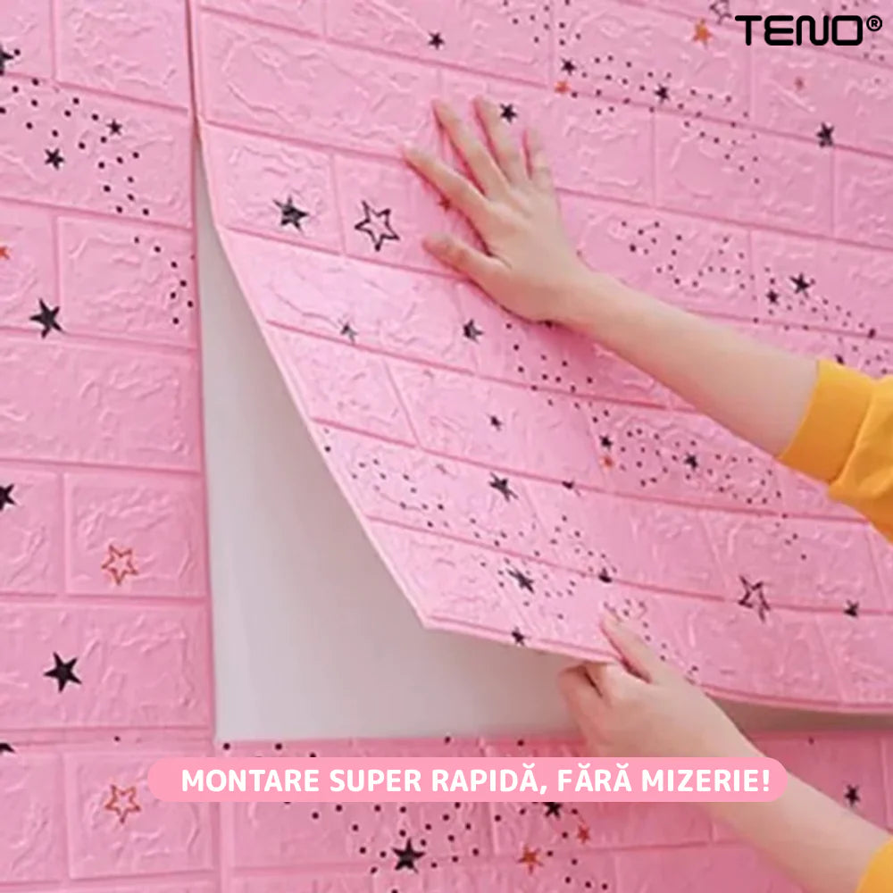 Tapet Caramida 3D autoadeziv, waterproof, 70x77 cm, Roz cu stelute