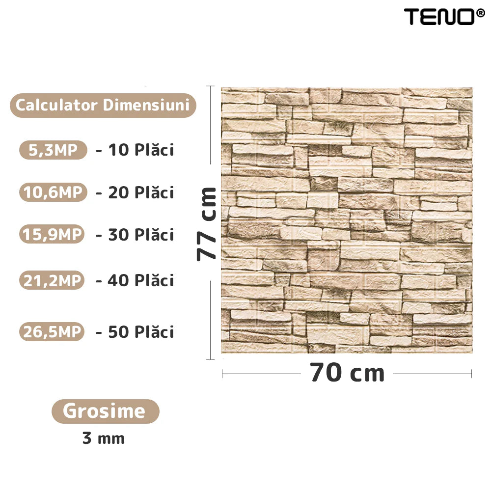 Tapet Caramida 3D autoadeziv, waterproof, model Piatra Naturala, 70x77 cm, crem