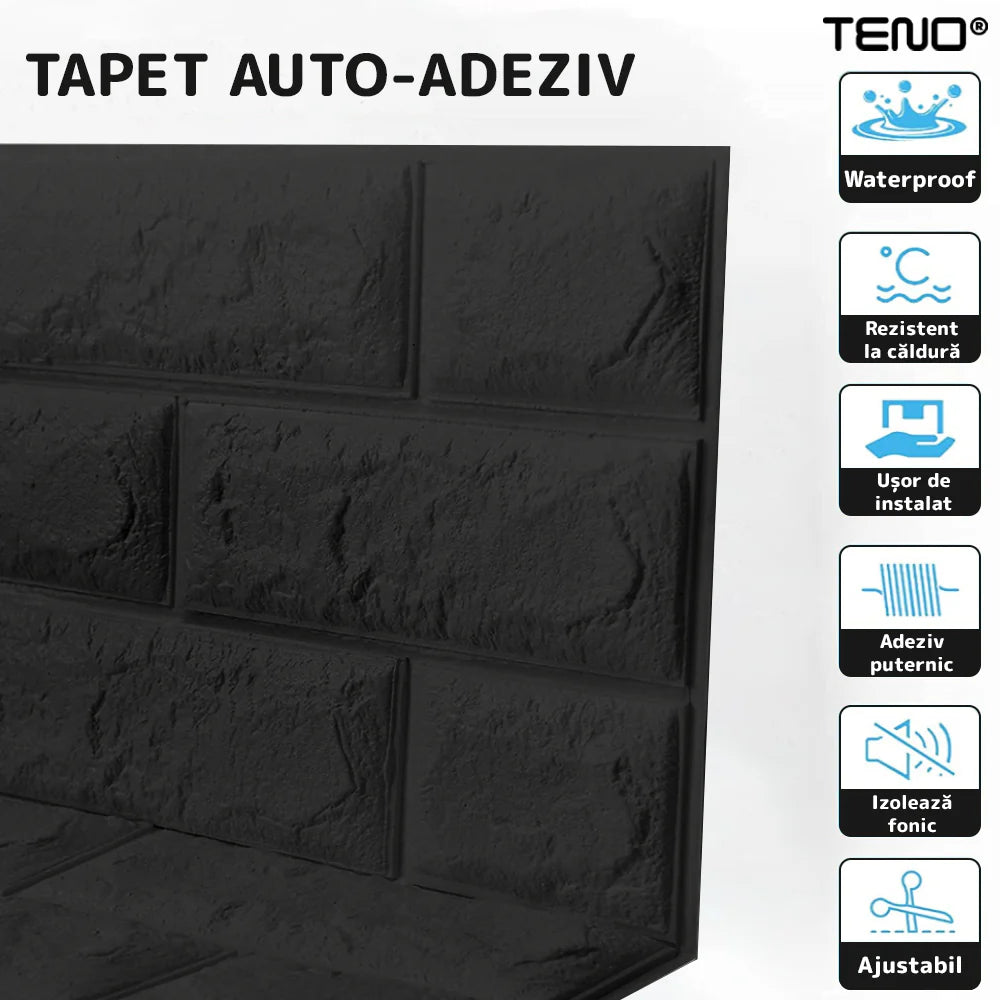 Tapet Caramida 3D autoadeziv, waterproof, 70x77 cm, negru