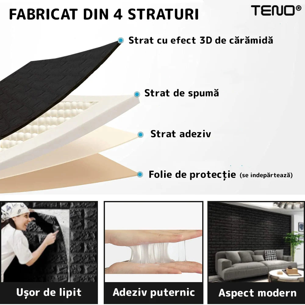 Tapet Caramida 3D autoadeziv, waterproof, 70x77 cm, negru