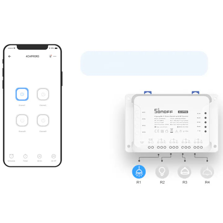 Releu inteligent Sonoff 4CHR3, Wireless, 4 canale, compatibil Alexa/Google Home
